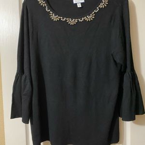 Charter Club Plus 3X Woman Black Sweater Beautiful Crystals Around Neckline. EUC